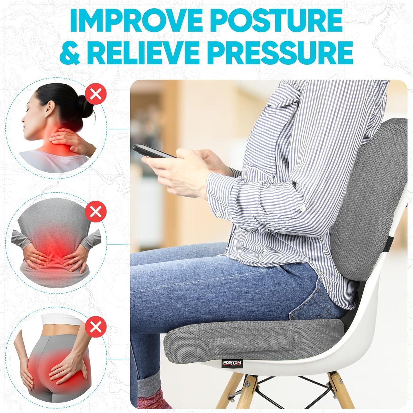 Office Chair Cushion and Back Support for Office Chair, Lumbar Support Pillow, Memory Foam, Non Slip Sitting and Back Rest for Gaming, Car Seat Cushion, Chair Pad